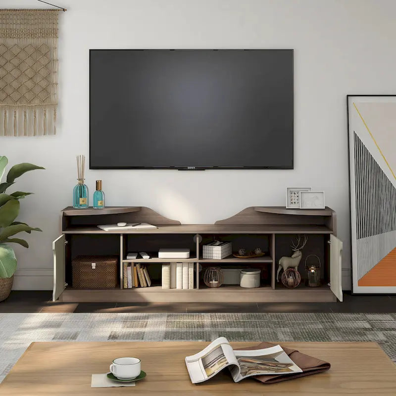Meuble TV rustique marron châtaigne avec rangement, convient aux téléviseurs jusqu'à 80"