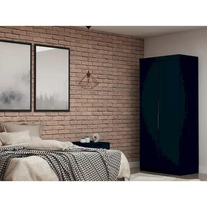 Armoire / Penderie autonome avec tiroirs et étagères ouvertes Bleu Nuit / Marron / Blanc – 1 personne
