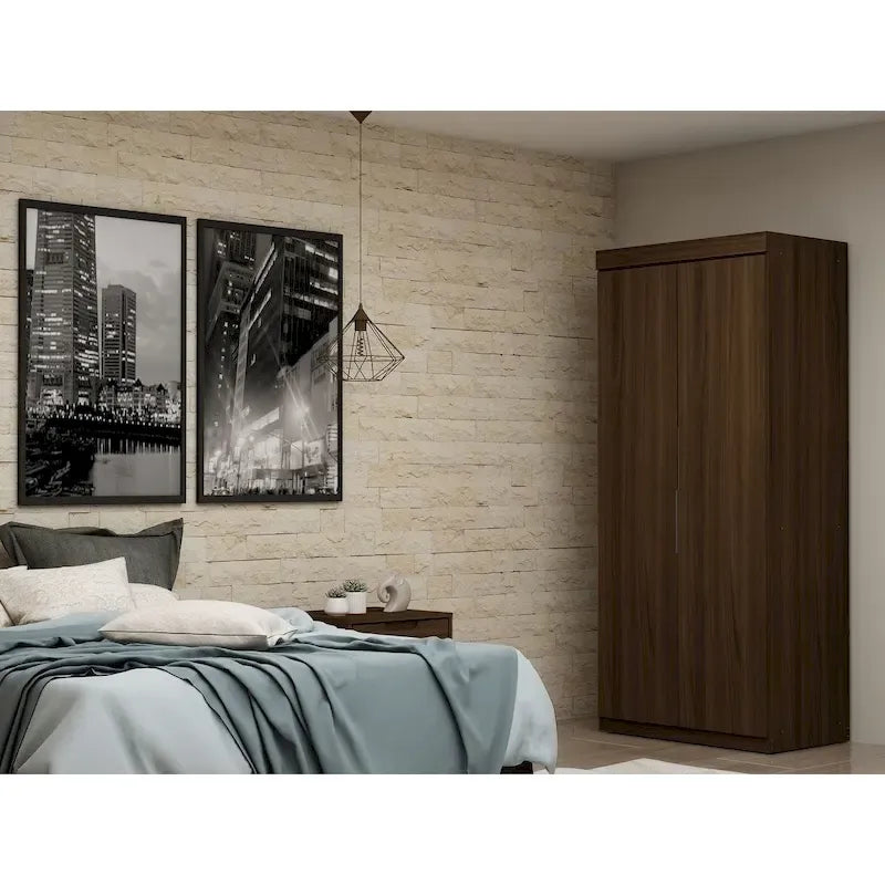 Armoire / Penderie autonome avec tiroirs et étagères ouvertes Bleu Nuit / Marron / Blanc – 1 personne
