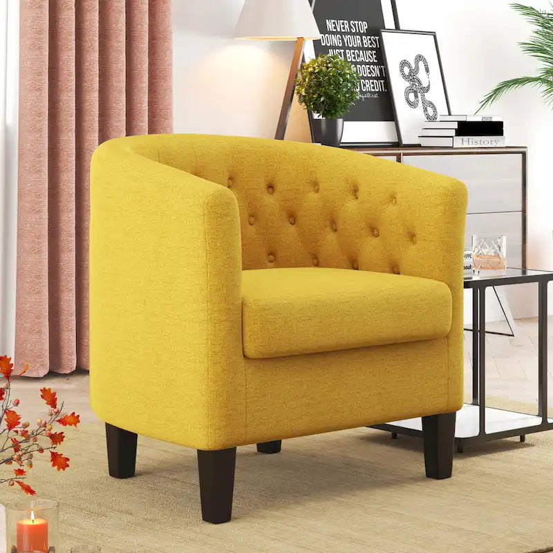 Fauteuil club en lin capitonné, jaune / gris foncé / bleu / gris clair, une place