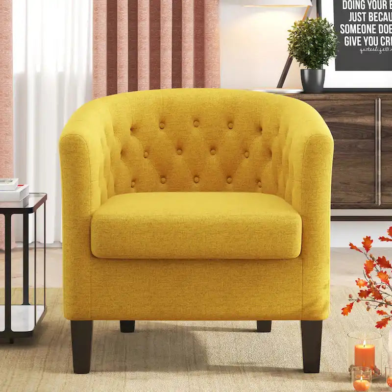 Fauteuil club en lin capitonné, jaune / gris foncé / bleu / gris clair, une place