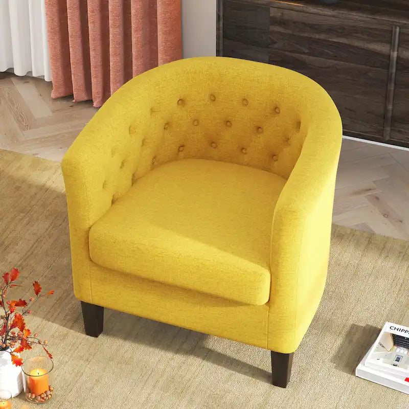 Fauteuil club en lin capitonné, jaune / gris foncé / bleu / gris clair, une place
