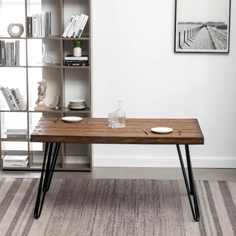 Table à manger rustique en pin foncé avec pieds épingle, 6 places