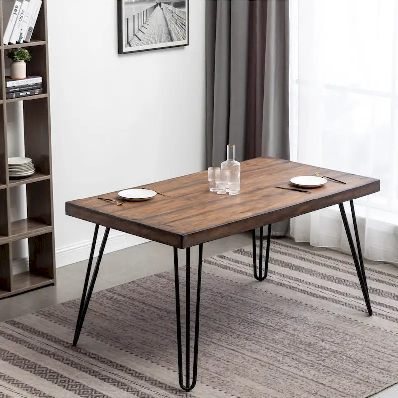 Table à manger rustique en pin foncé avec pieds épingle, 6 places