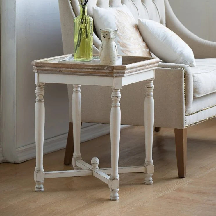 Table d'appoint carrée blanc cassé avec plateau en bois naturel, pour 1 personne