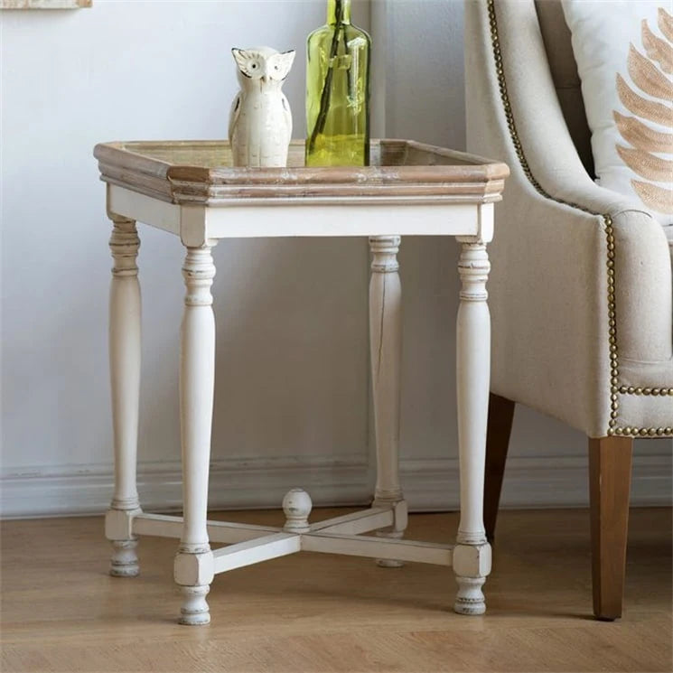 Table d'appoint carrée blanc cassé avec plateau en bois naturel, pour 1 personne