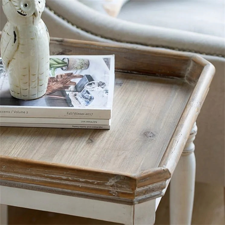Table d'appoint carrée blanc cassé avec plateau en bois naturel, pour 1 personne