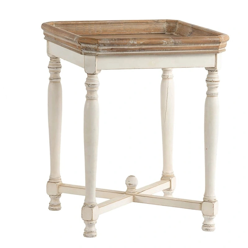 Table d'appoint carrée blanc cassé avec plateau en bois naturel, pour 1 personne