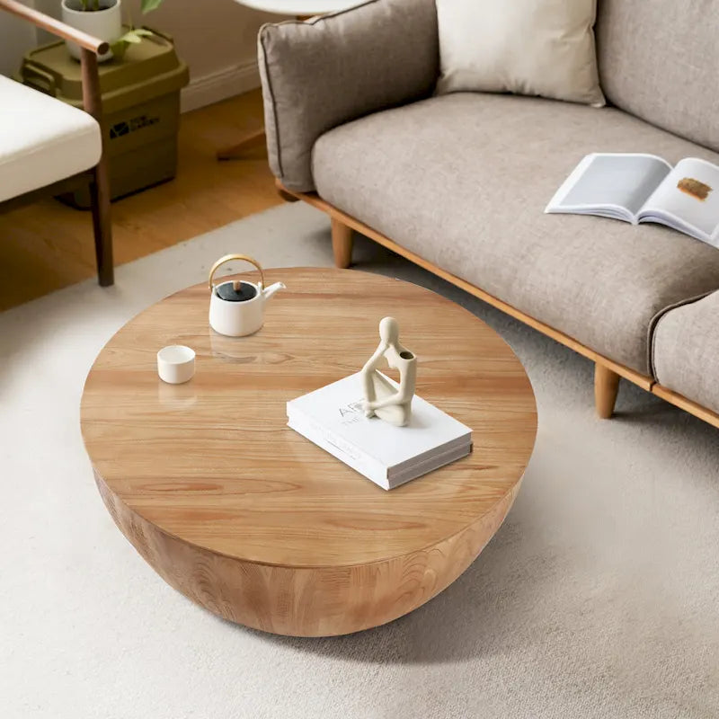 Table basse tonneau en bois naturel avec rangement, 90 cm