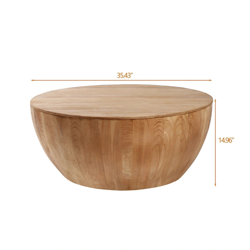Table basse tonneau en bois naturel avec rangement, 90 cm