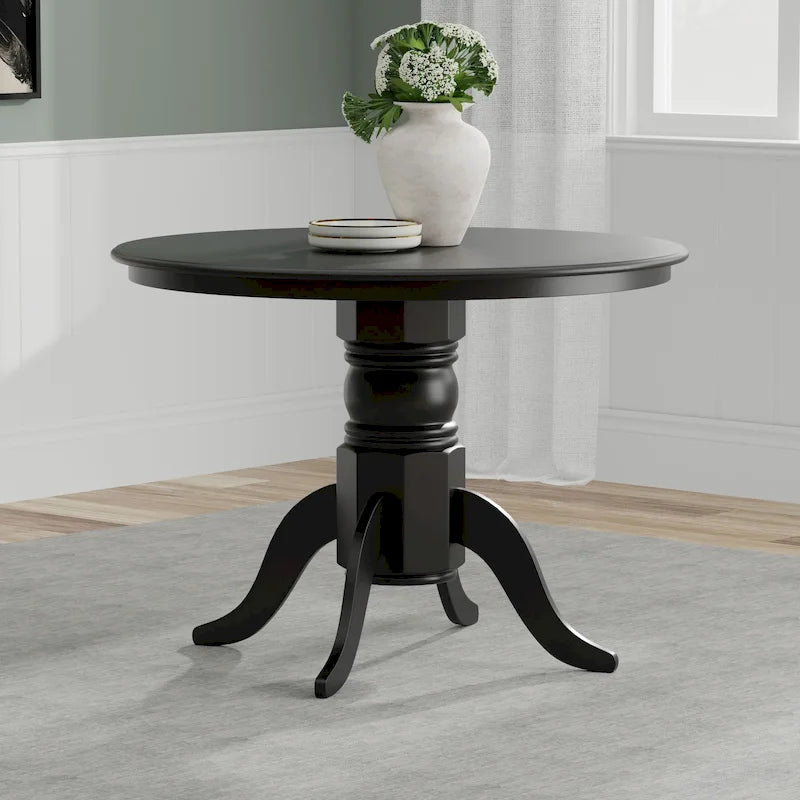 Table de salle à manger ronde à pied central en bois massif de 42 po – Noir / Blanc / Noyer foncé, 4 places