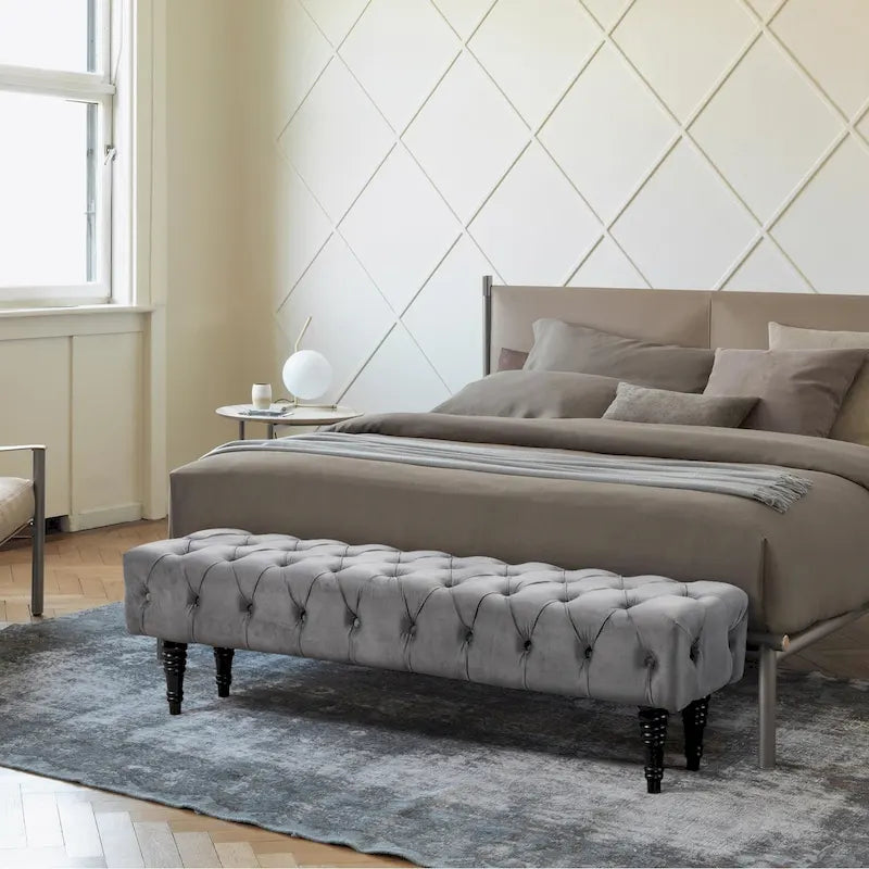 Banquette repose-pieds capitonnée beige/bleue/grise/gris clair, banc d'entrée et de chambre à une place