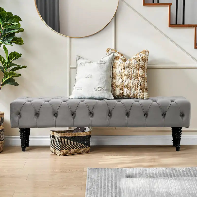 Banquette repose-pieds capitonnée beige/bleue/grise/gris clair, banc d'entrée et de chambre à une place