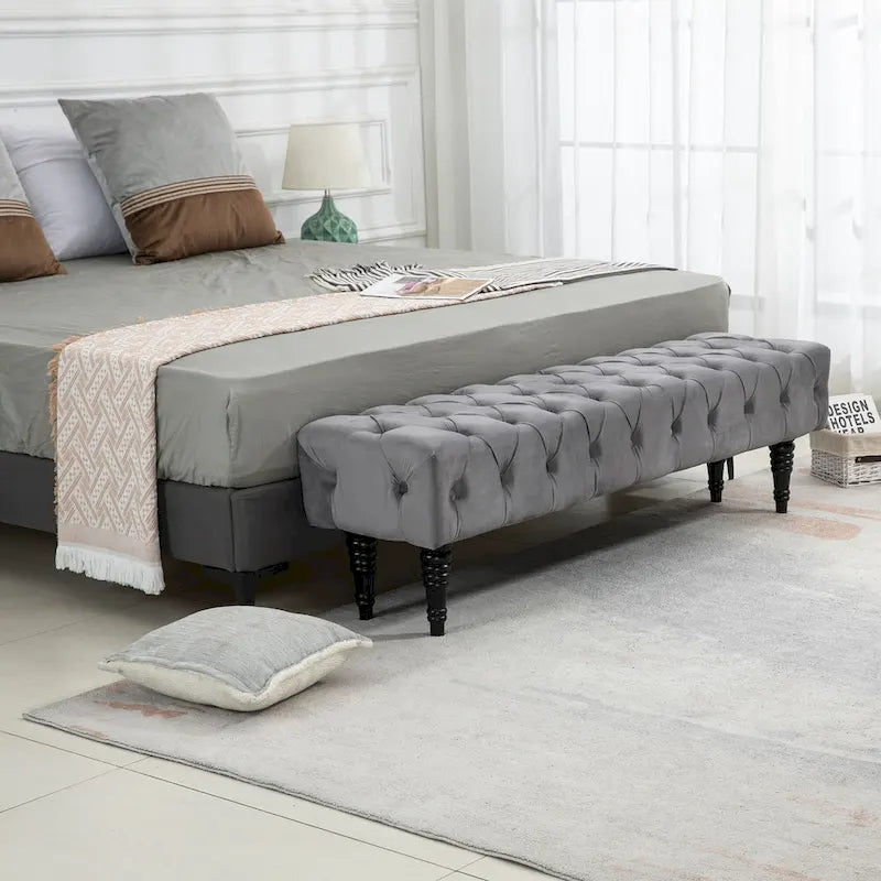 Banquette repose-pieds capitonnée beige/bleue/grise/gris clair, banc d'entrée et de chambre à une place