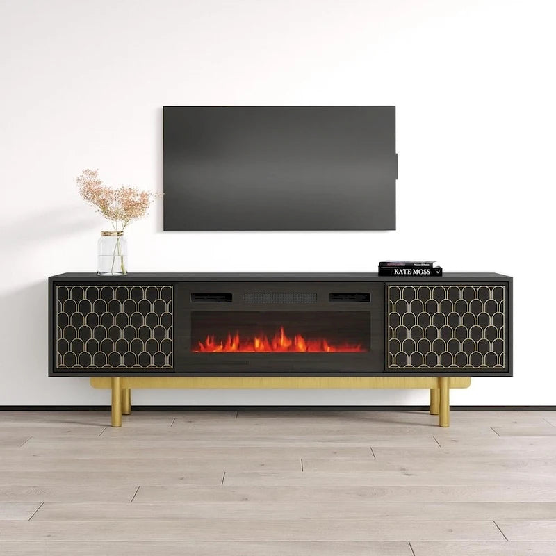 Meuble TV avec cheminée électrique moderne noir/blanc, convient aux téléviseurs jusqu'à 80 pouces