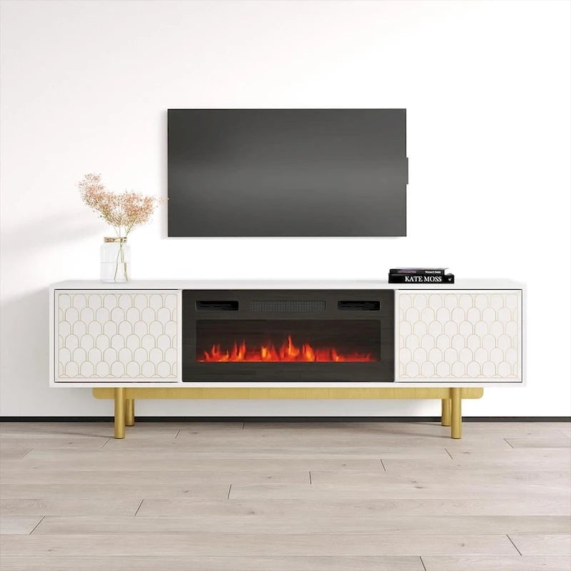 Meuble TV avec cheminée électrique moderne noir/blanc, convient aux téléviseurs jusqu'à 80 pouces