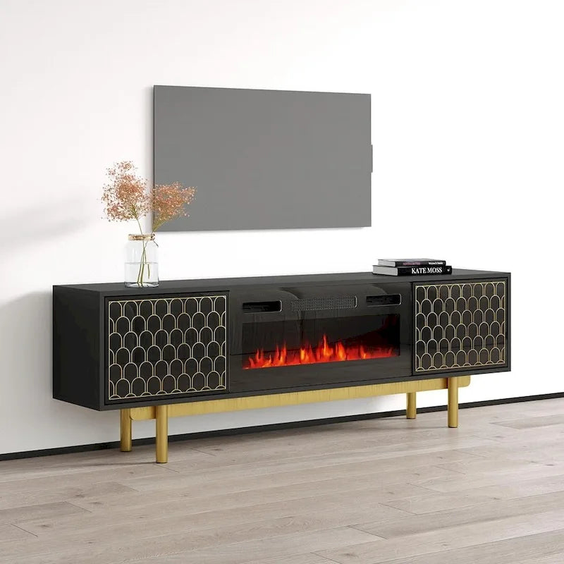 Meuble TV avec cheminée électrique moderne noir/blanc, convient aux téléviseurs jusqu'à 80 pouces