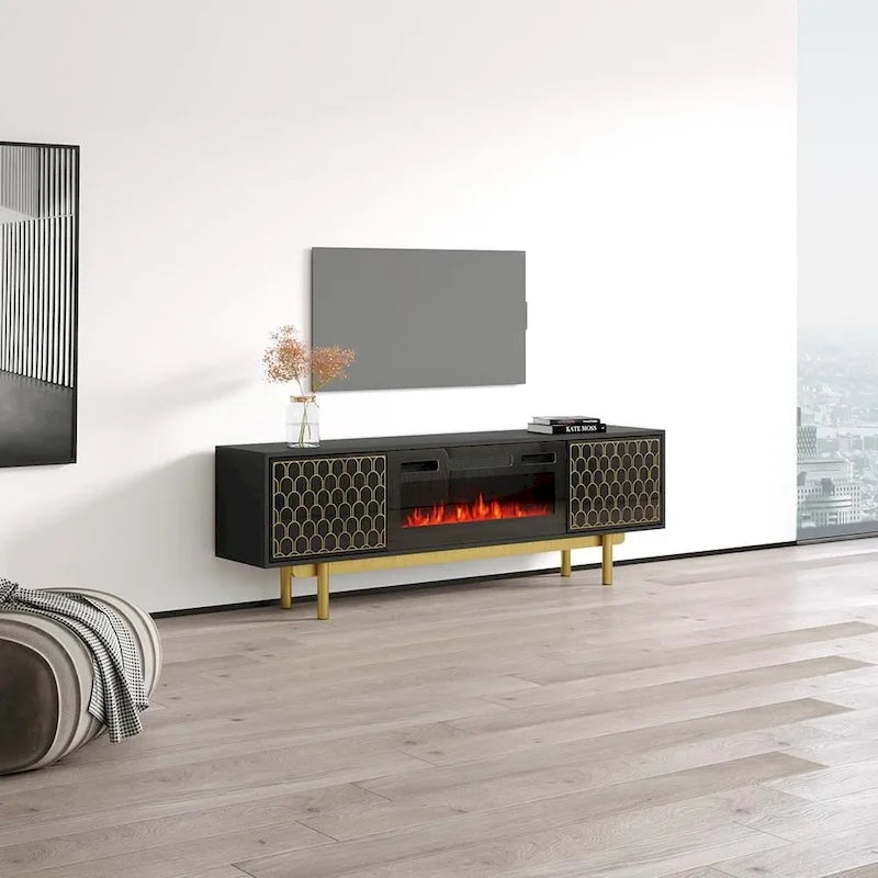 Meuble TV avec cheminée électrique moderne noir/blanc, convient aux téléviseurs jusqu'à 80 pouces