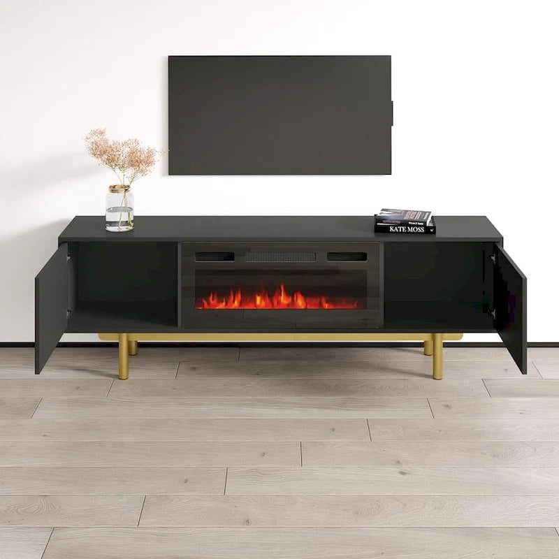 Meuble TV avec cheminée électrique moderne noir/blanc, convient aux téléviseurs jusqu'à 80 pouces