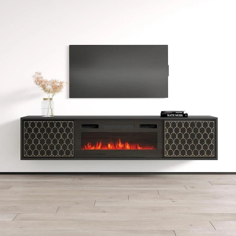 Meuble TV avec cheminée électrique moderne noir/blanc, convient aux téléviseurs jusqu'à 80 pouces