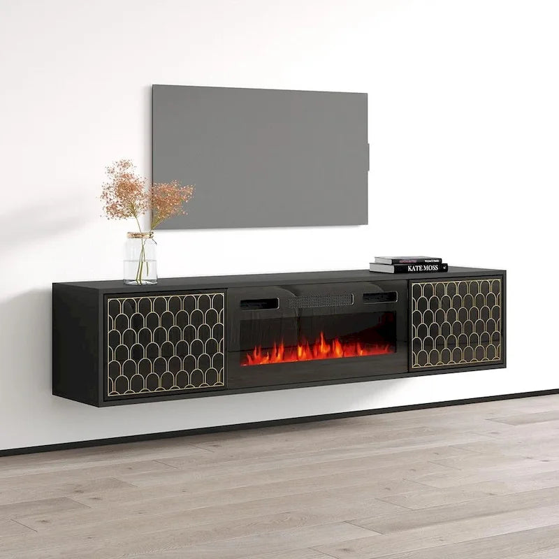 Meuble TV avec cheminée électrique moderne noir/blanc, convient aux téléviseurs jusqu'à 80 pouces