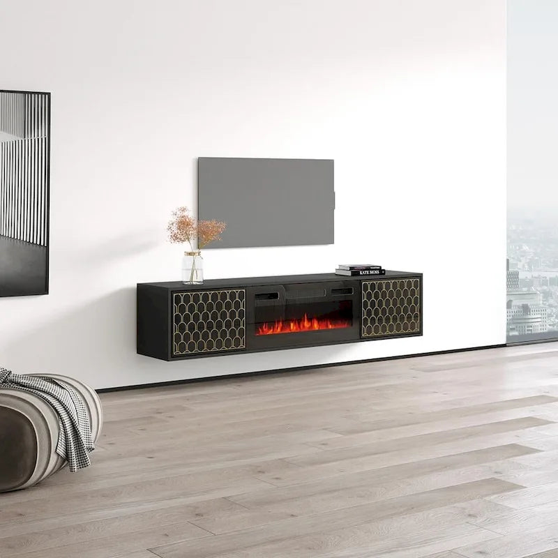 Meuble TV avec cheminée électrique moderne noir/blanc, convient aux téléviseurs jusqu'à 80 pouces