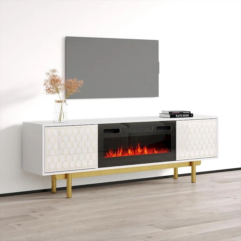 Meuble TV avec cheminée électrique moderne noir/blanc, convient aux téléviseurs jusqu'à 80 pouces