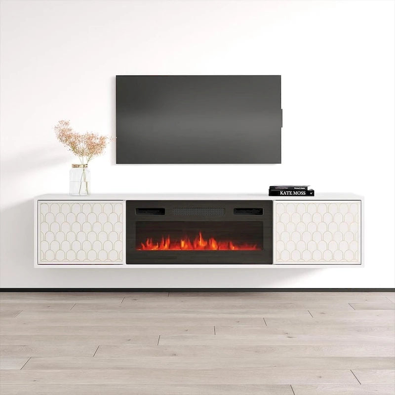 Meuble TV avec cheminée électrique moderne noir/blanc, convient aux téléviseurs jusqu'à 80 pouces