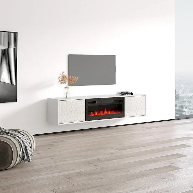 Meuble TV avec cheminée électrique moderne noir/blanc, convient aux téléviseurs jusqu'à 80 pouces