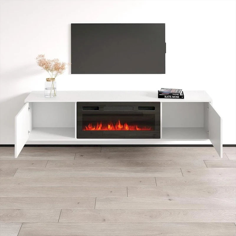 Meuble TV avec cheminée électrique moderne noir/blanc, convient aux téléviseurs jusqu'à 80 pouces