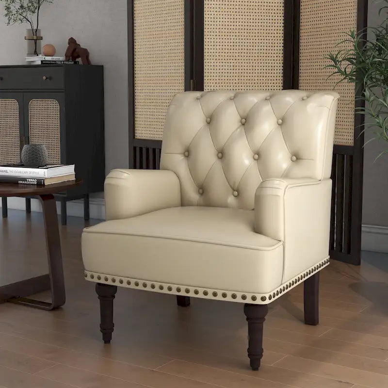 Fauteuil d'appoint en similicuir beige/marron/noir, dossier capitonné, garniture cloutée, assise individuelle