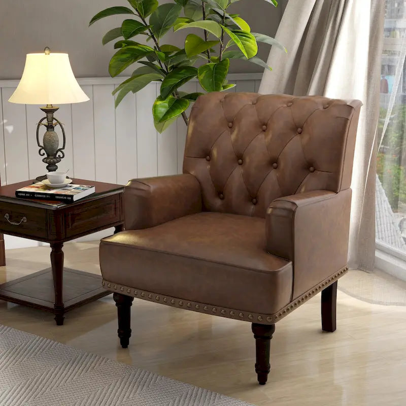 Fauteuil d'appoint en similicuir beige/marron/noir, dossier capitonné, garniture cloutée, assise individuelle
