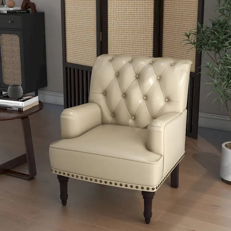 Fauteuil d'appoint en similicuir beige/marron/noir, dossier capitonné, garniture cloutée, assise individuelle