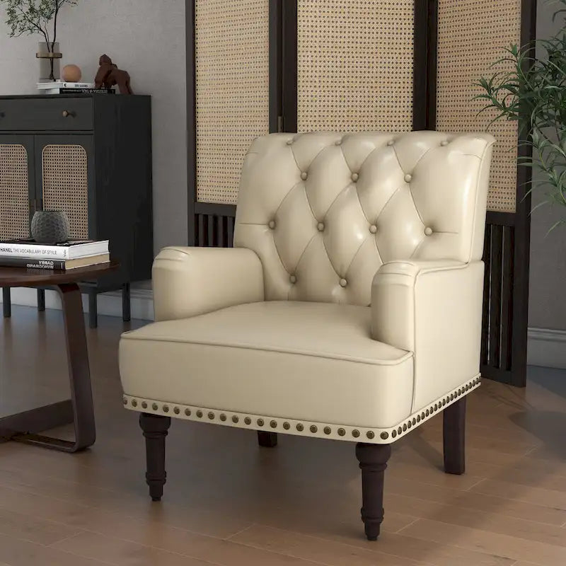 Fauteuil d'appoint en similicuir beige/marron/noir, dossier capitonné, garniture cloutée, assise individuelle