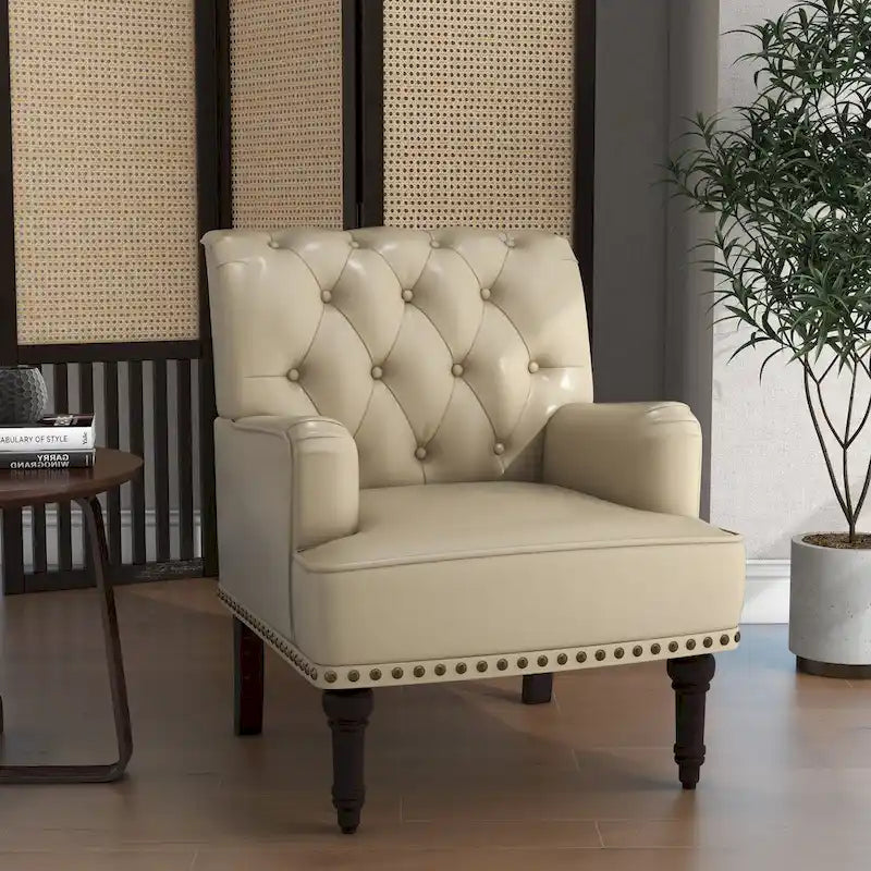 Fauteuil d'appoint en similicuir beige/marron/noir, dossier capitonné, garniture cloutée, assise individuelle