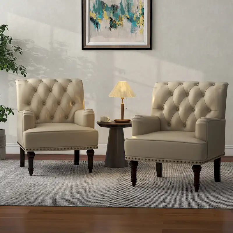 Fauteuil d'appoint en similicuir beige/marron/noir, dossier capitonné, garniture cloutée, assise individuelle