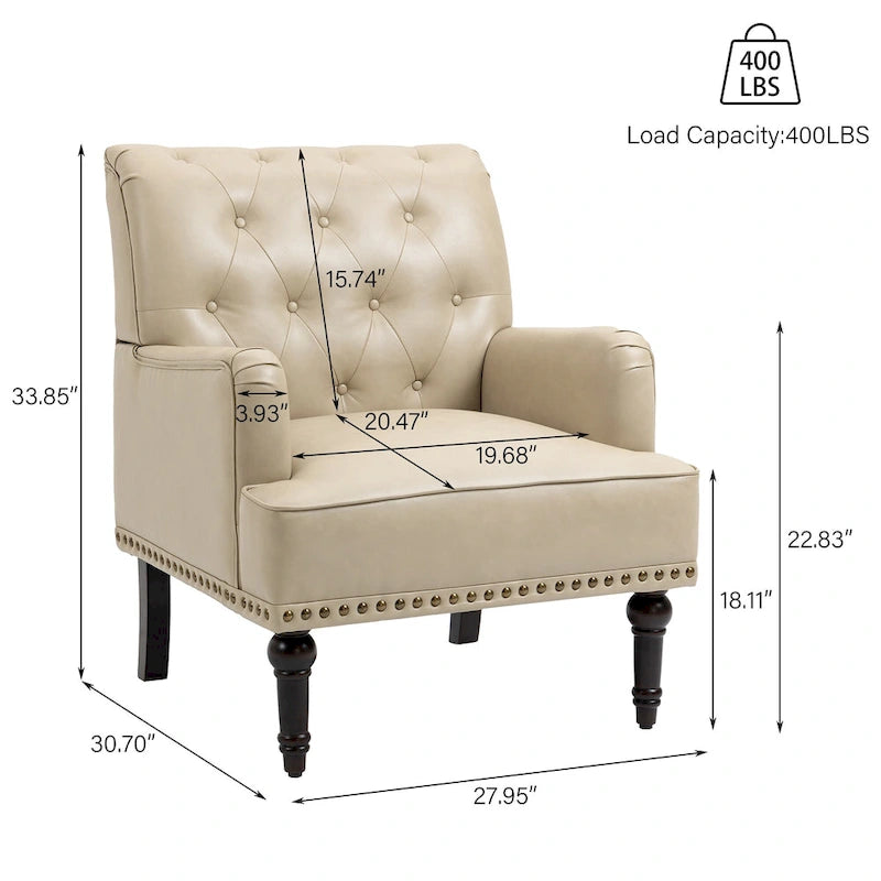 Fauteuil d'appoint en similicuir beige/marron/noir, dossier capitonné, garniture cloutée, assise individuelle