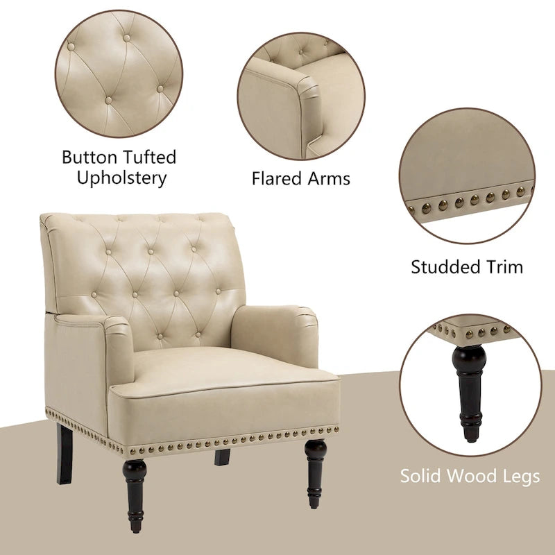 Fauteuil d'appoint en similicuir beige/marron/noir, dossier capitonné, garniture cloutée, assise individuelle