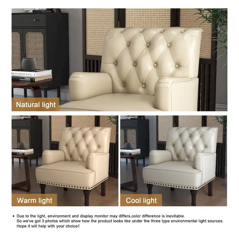 Fauteuil d'appoint en similicuir beige/marron/noir, dossier capitonné, garniture cloutée, assise individuelle