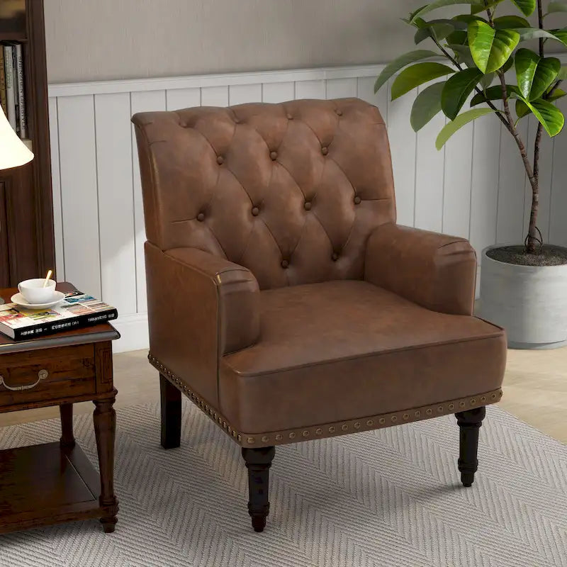 Fauteuil d'appoint en similicuir beige/marron/noir, dossier capitonné, garniture cloutée, assise individuelle