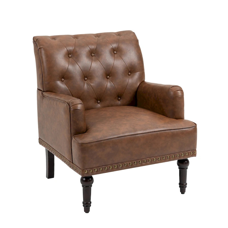 Fauteuil d'appoint en similicuir beige/marron/noir, dossier capitonné, garniture cloutée, assise individuelle