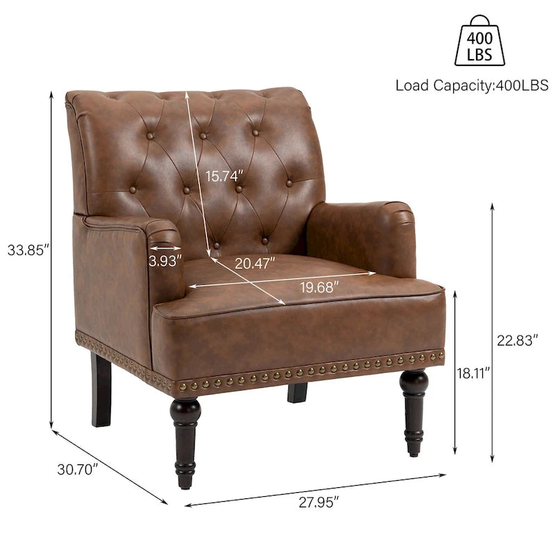 Fauteuil d'appoint en similicuir beige/marron/noir, dossier capitonné, garniture cloutée, assise individuelle
