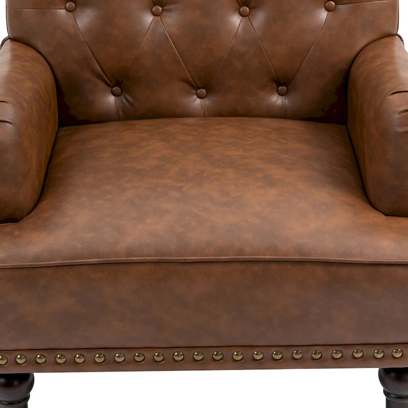 Fauteuil d'appoint en similicuir beige/marron/noir, dossier capitonné, garniture cloutée, assise individuelle