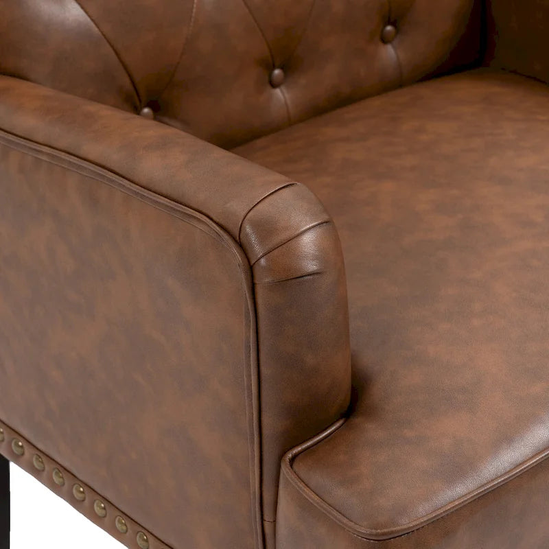 Fauteuil d'appoint en similicuir beige/marron/noir, dossier capitonné, garniture cloutée, assise individuelle