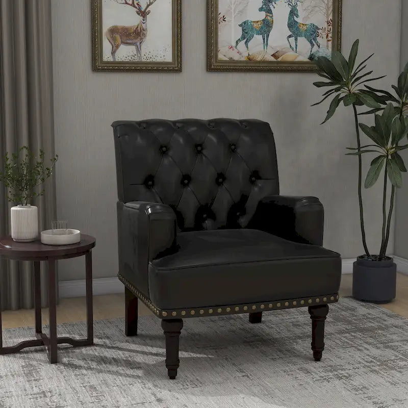 Fauteuil d'appoint en similicuir beige/marron/noir, dossier capitonné, garniture cloutée, assise individuelle