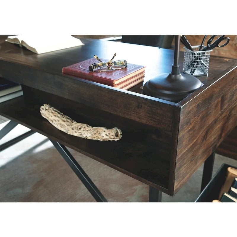 Bureau de télétravail en bois brun pour 1 personne – Style contemporain avec tiroirs