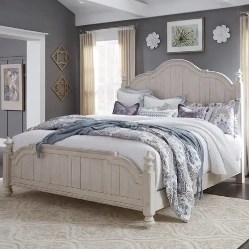 Farmhouse Reimagined Antique White with Chestnut King Poster Bed
