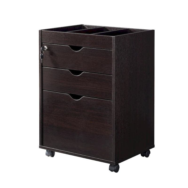 Caisson de classement mobile verrouillable à 3 tiroirs contemporain rouge cacao/chêne blanc