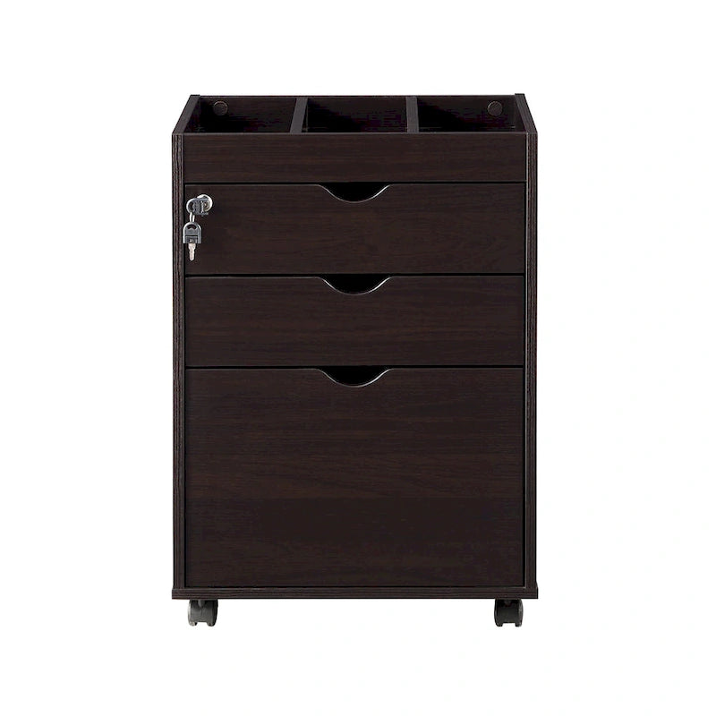 Caisson de classement mobile verrouillable à 3 tiroirs contemporain rouge cacao/chêne blanc