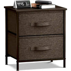 Table de chevet 2 tiroirs, cadre en acier et bacs en tissu, gris noir / marron / gris blanc